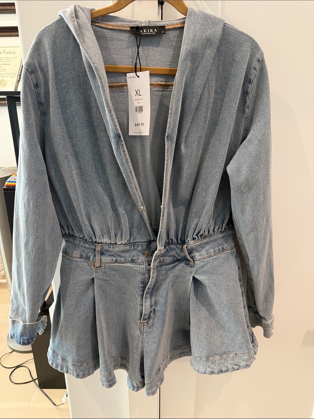 AKIRA Light Blue Denim Hooded Jumpsuit Romper